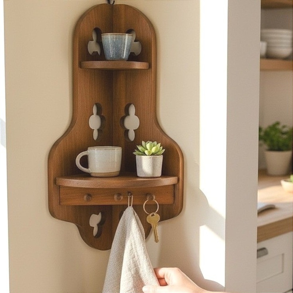 Vintage Wood Corner Shelf, 2-Tier Wall Mount, Kitchen Curio, Storage, Key Hooks